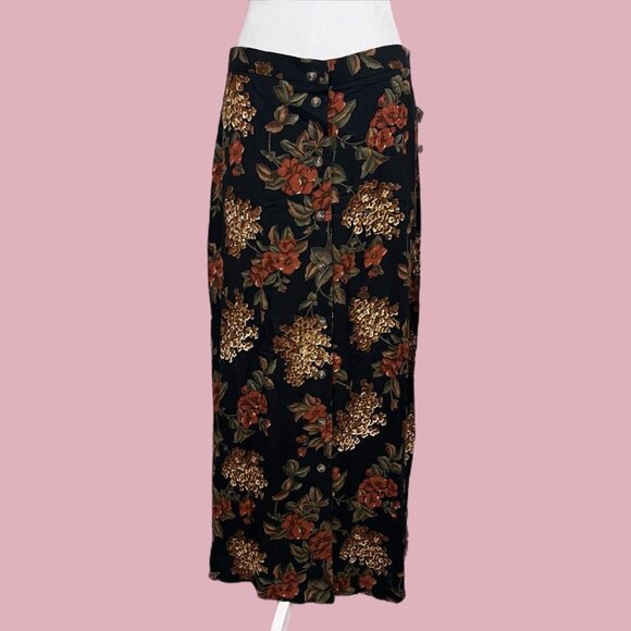 black floral vintage 90s button front maxi skirt boho whimsygoth grunge - Picture 1 of 7